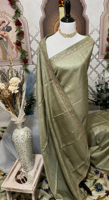 Lightweight Gotta Patti Embroidery Pure Tussar Silk Saree | Sage Green | Hand Embroidery | Ships from California
